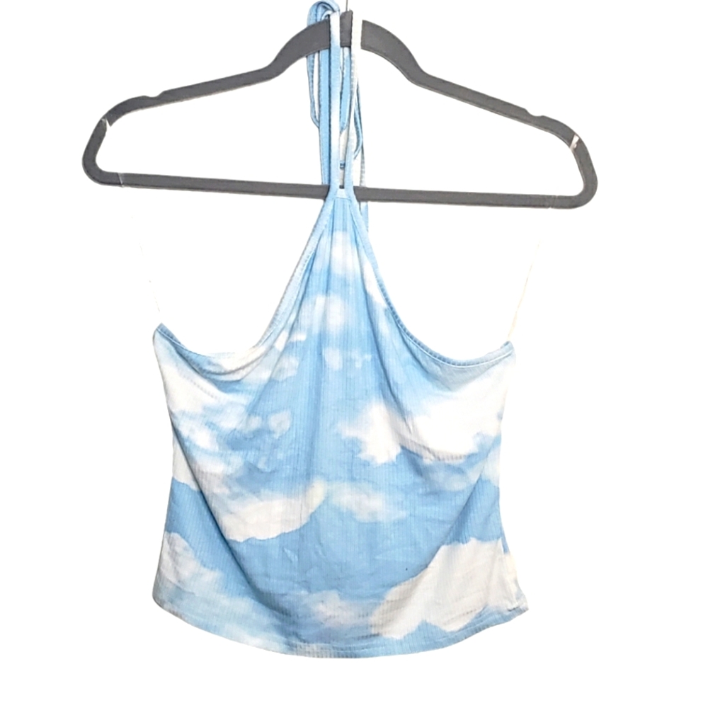 Blue and white tie dye neck strap crop top